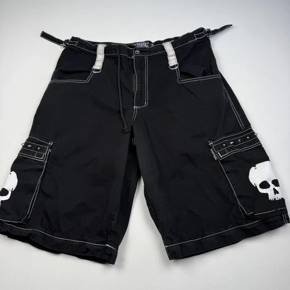 Tripp NYC Shorts Mens XL Black Cargo Goth Punk Skull Graphic 14 Inseam